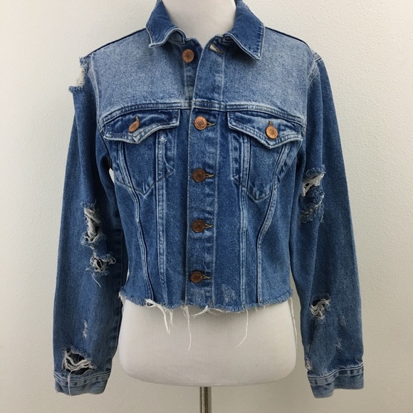 F21 | Distressed Cropped Blue Denim Jean Jacket - Picture 3 of 9